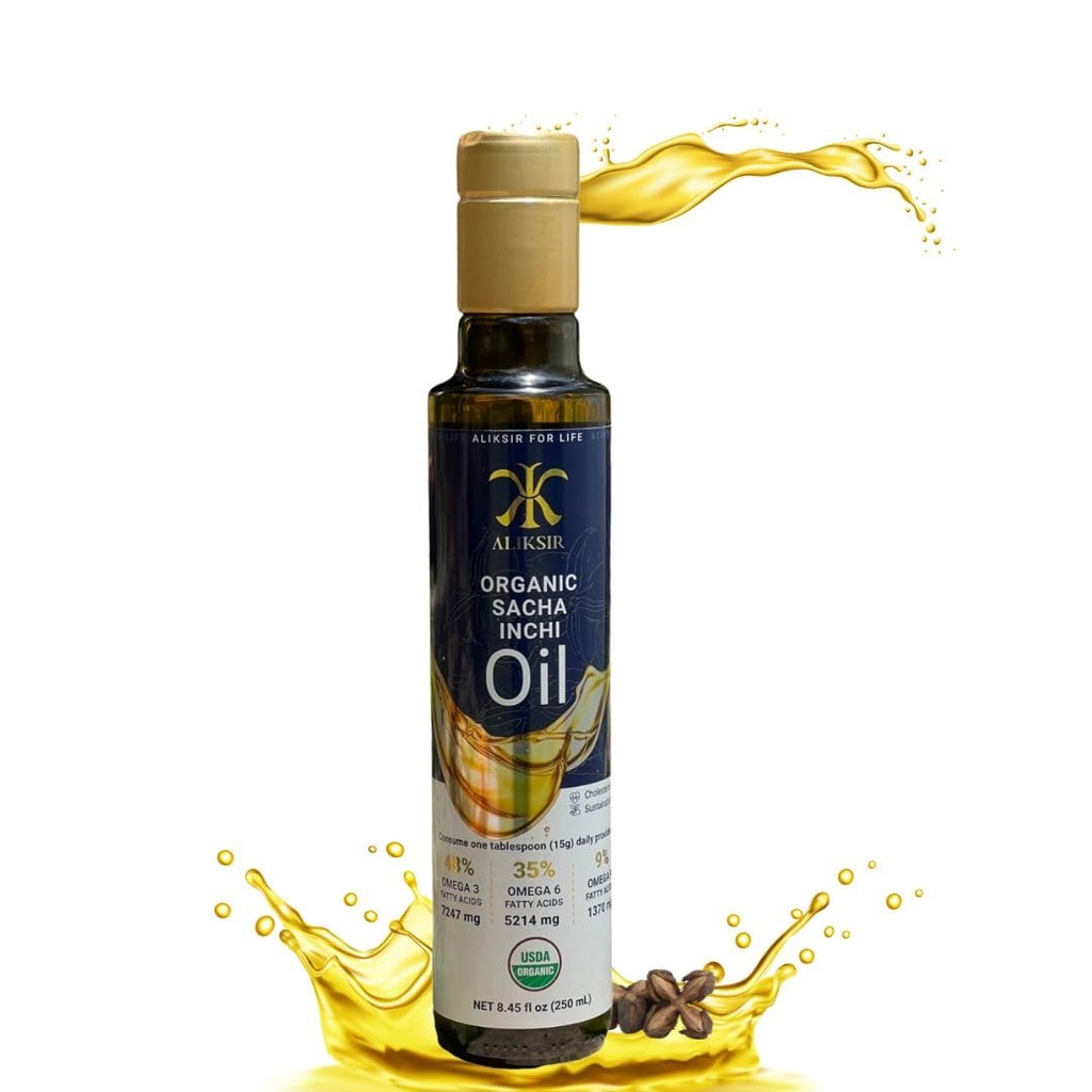 Organic Sacha Inchi Oil, nasiona amazońskie - Extra Virgin, 100% Natural, High Omega 3 (7247 mg), Omega 6 (5214 mg), Omega 9 (1370 mg), Cold Pressed z witaminą E - antydioksyny, które pomagają Ci włosy, paznokcie i skórę.