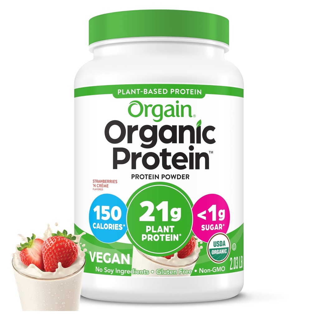 Orgain Organic Vegan Protein Powder, Truskawki i śmietana - 21g białka roślinnego na bazie, węglowodanów niskonetto, gluten / laktoza wolna, bez dodatku cukru, Soy Free, Non-GMO, 2.03 Lb