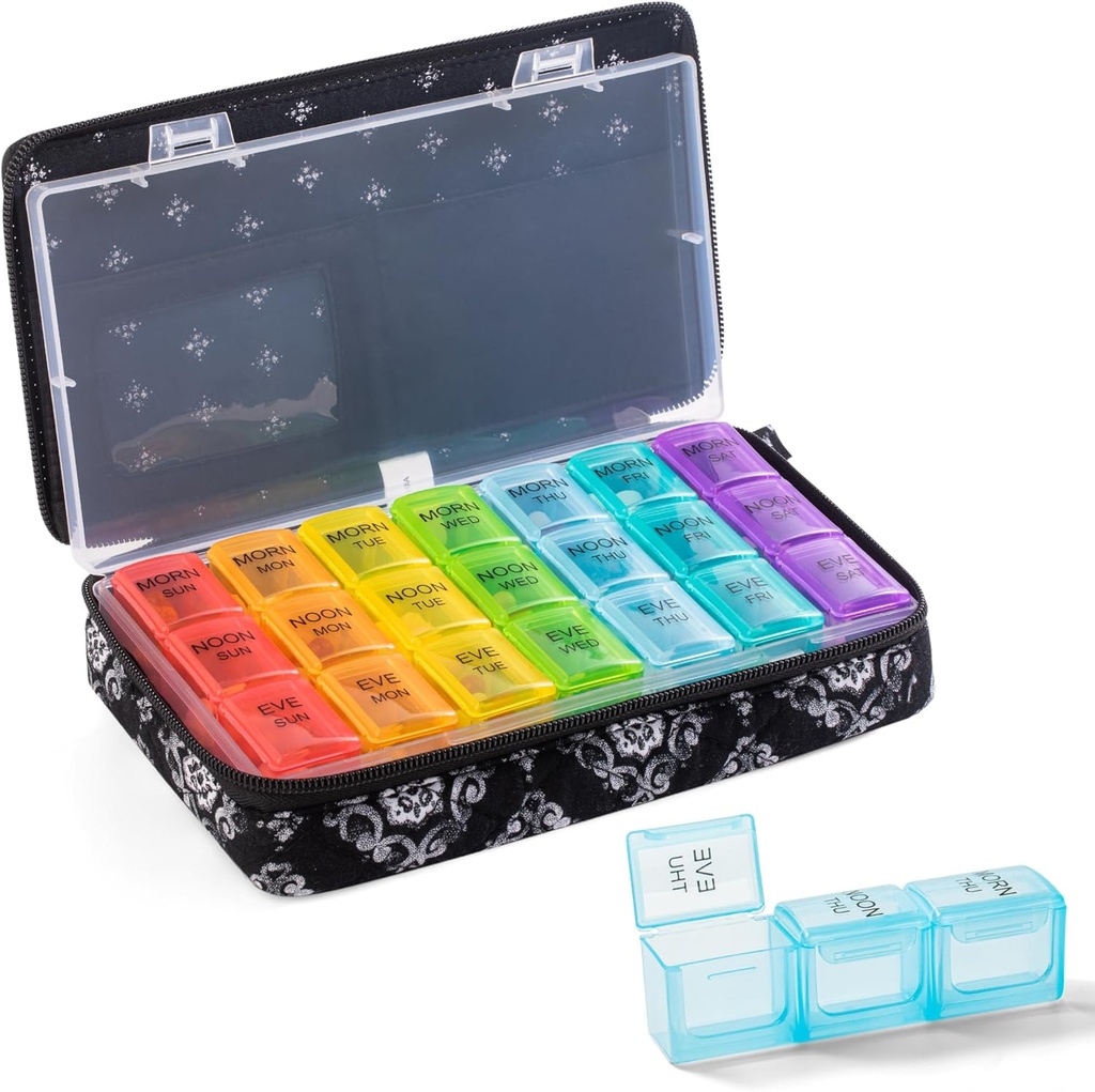 Cotygodniowy Pill Organizer 3 razy dziennie - Pill Box 7 dzień 3 razy dziennie z Cute Quilted Zipper tkaniny- Travel Pill Case 7 dzień 3 razy w dniu dla witaminy
