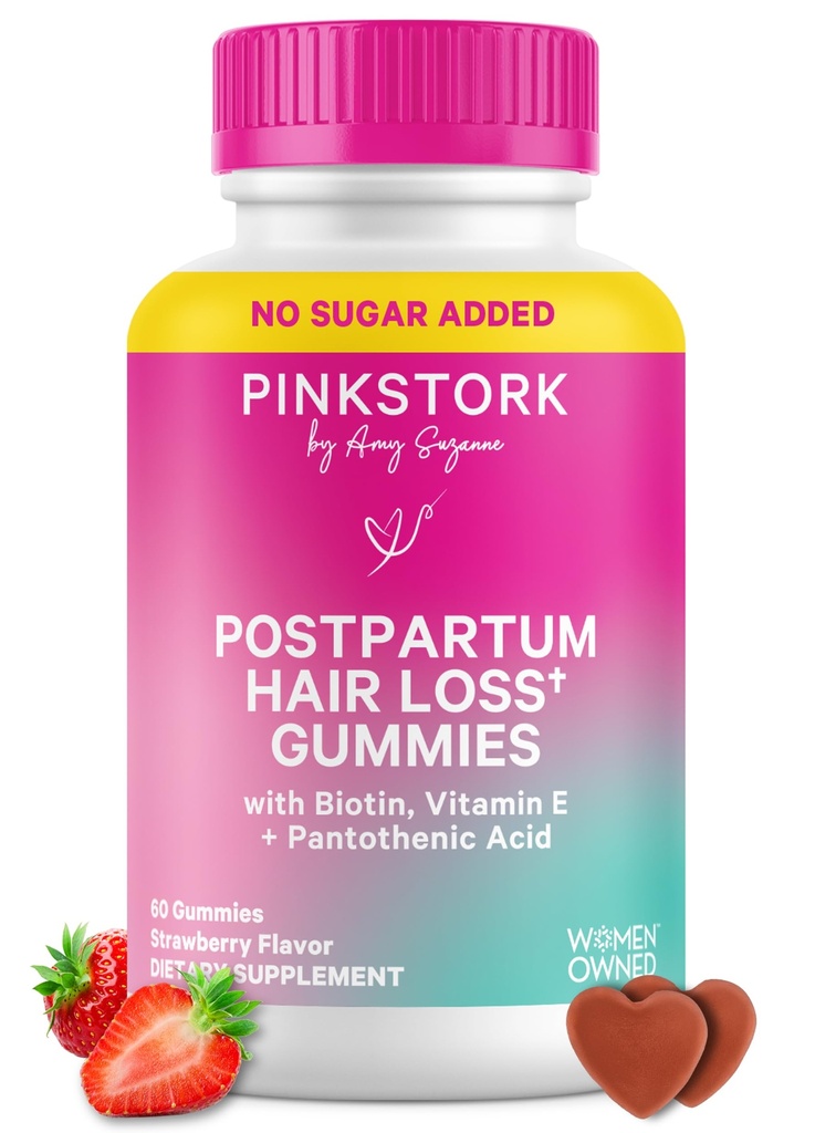 Różowy bocian Postpartum Gumie do włosów 124; Biotyna, Kwas pantotenowy, Witamina E, B6, B12 Witamina 124; Postępowy wzrost włosów + Regrth Support 124; Przyjazny dla piersi 124; Postpartum Essentials 124; 60 Gummies