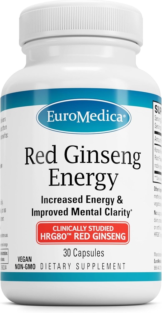 EuroMedica Red Ginseng Energy - Suplement do wsparcia zdrowej energii i skupienia - Suplement ziołowy z koreańskiego Red Ginseng Root Powder - Wegańskie tabletki do pomocy zdrowej odporności - 30 Kapsułki