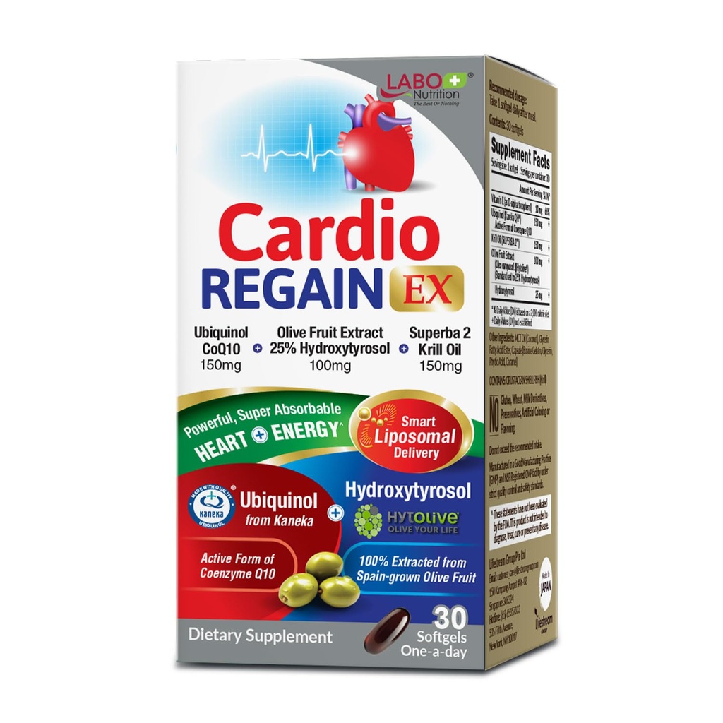 Labo Nutrition CardioREGAIN EX - Ubichinol CoQ10 Suplement z Kaneka QH 150mg, Olive Fruit Extract (25% Hydroksytyrosol), Kryl Oil - Serce, Energia komórkowa, Wchłanianie liposomalne, Non-GMO, Soy- Free