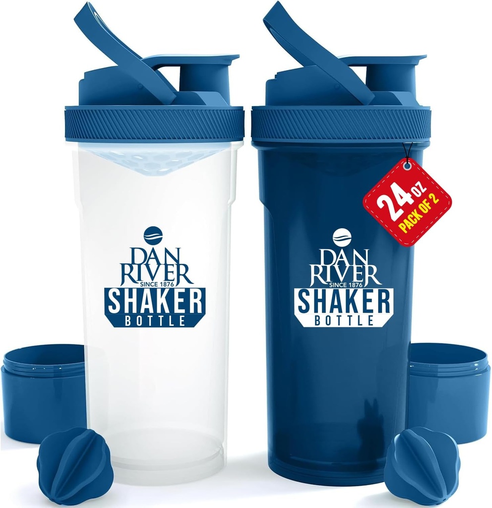 DAN RIVER 2-Pack Shaker Butelka Biżuteria 124; 24oz Plastic Protein Shaker & Mixer Biżuteria 124; Twist & Lock Design for Smoothies & Mieszanki protein Biżuteria 124; Trwałe, Leak- Proof, Łatwe do czyszczenia 124; Przezroczyste i niebieskie butelki shaker do siłowni
