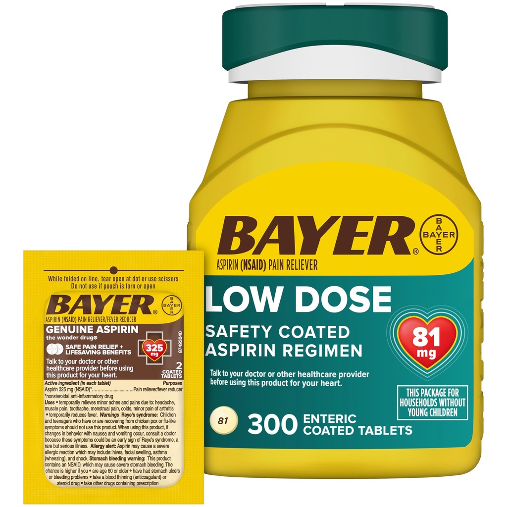 Bayer Aspiryna 81mg Tabletki powlekane zawierające składniki odżywcze 300ct i 2 opakowania podróżne z oryginalną aspiryną 325mg Tabletki powlekane