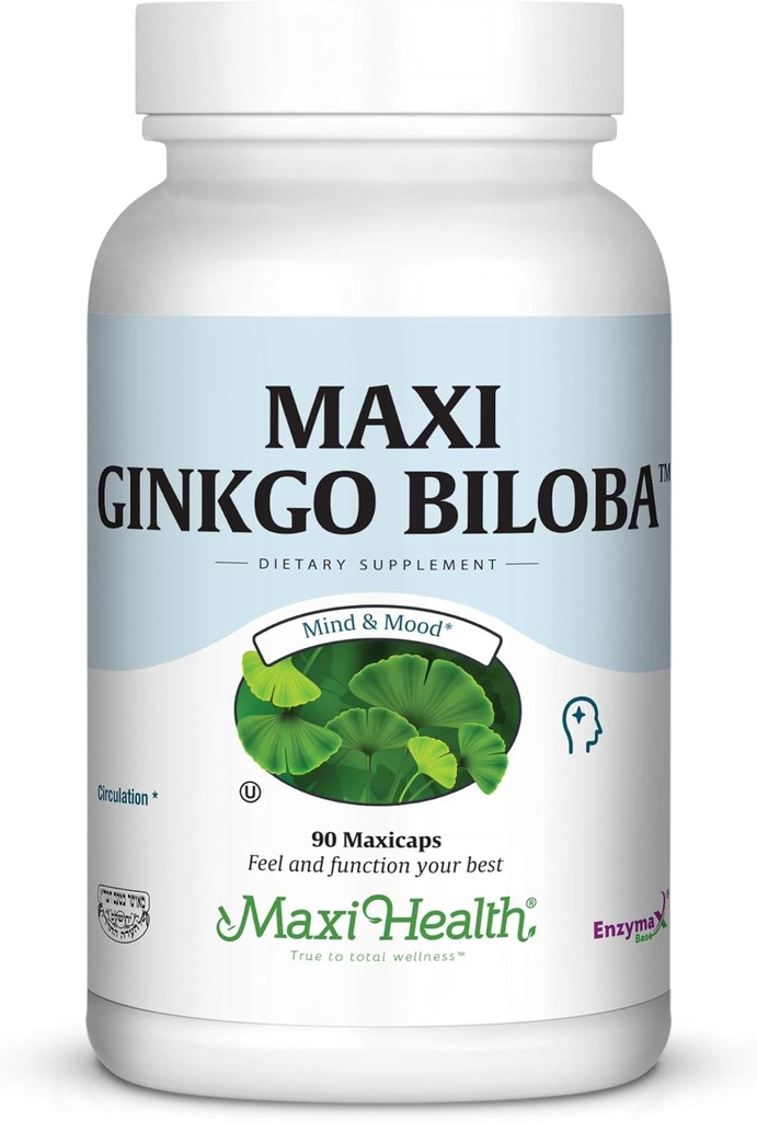 Maxi Health Ginkgo Biloba - Formuła Mózgu i krążenia - 90 Kapsułek - Kosher (QGB)