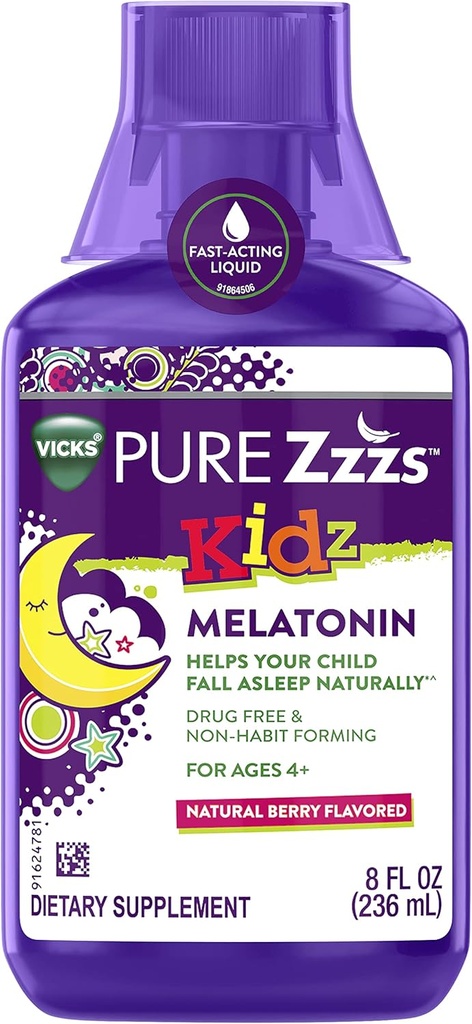 VICKS PURE ZZS Kidz, Liquid Melatonin Sleep Aid dla dzieci i dzieci, pomaga dziecku zasnąć naturalnie, Niska dawka Melatonina, Berry Flavored, 8oz