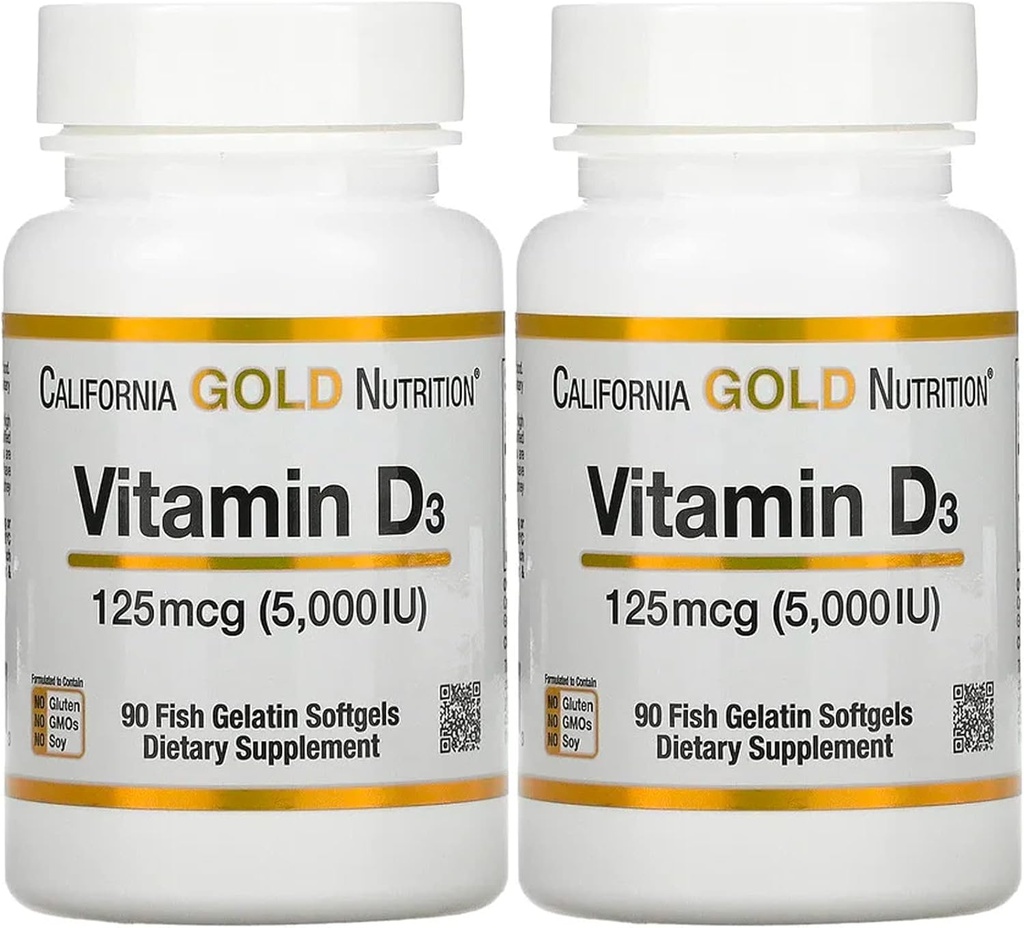 Suplement witaminy D3 przez California Gold Nutrition - Wsparcie dla zdrowych kości i zębów - Wsparcie systemu immunologicznego - Gluten Free, Non-GMO - 125 μg (5000 j.m.) - 2 opakowania 90 Softgels żelatyny ryb każdy