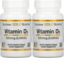 Suplement witaminy D3 przez California Gold Nutrition - Wsparcie dla zdrowych kości i zębów - Wsparcie systemu immunologicznego - Gluten Free, Non-GMO - 125 μg (5000 j.m.) - 2 opakowania 90 Softgels żelatyny ryb każdy