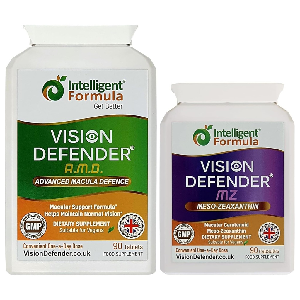 Vision Defender AMD and Vision Defender MZ Macula Health Bundle - AREDS2 Formula Boosted by Optimum High Strength Meso-Zeaxanthin Vegan Health Supplement (90 Days Supply)