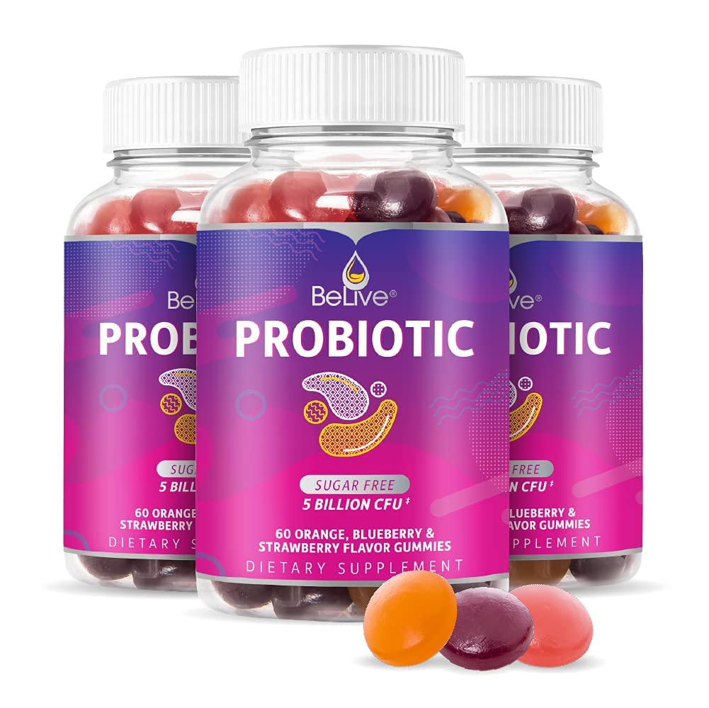BeLive Gummies Probiotyczne - Probiotyki z 5 Miliard CFU na zdrowie pokarmowe, Mężczyźni, Kobiety i Dzieci Suplementy Probiotyczne dla wsparcia immunologicznego, Cukier wolny & Wegan - Blueberry, Truskawka i Pomarańcza 124; 3- Pack