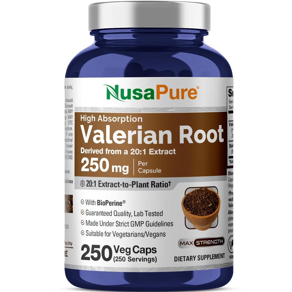 NusaPure Valerian Root 20: 1 Extract, 250 mg Ekwiwalent 5000mg Per Veggie Caps, 250 Count, Vegan, Non-GMO, Bioperine