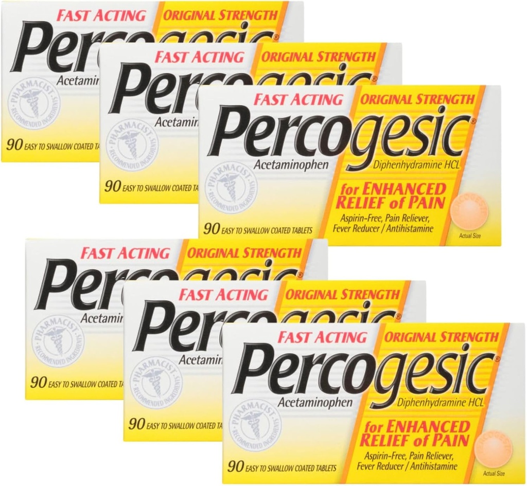 Perkohezyczna aspiryna wolna od bólu tabletki, moc początkowa, acetaminofen i difenhydramina, 90 ct (opakowanie po 6)