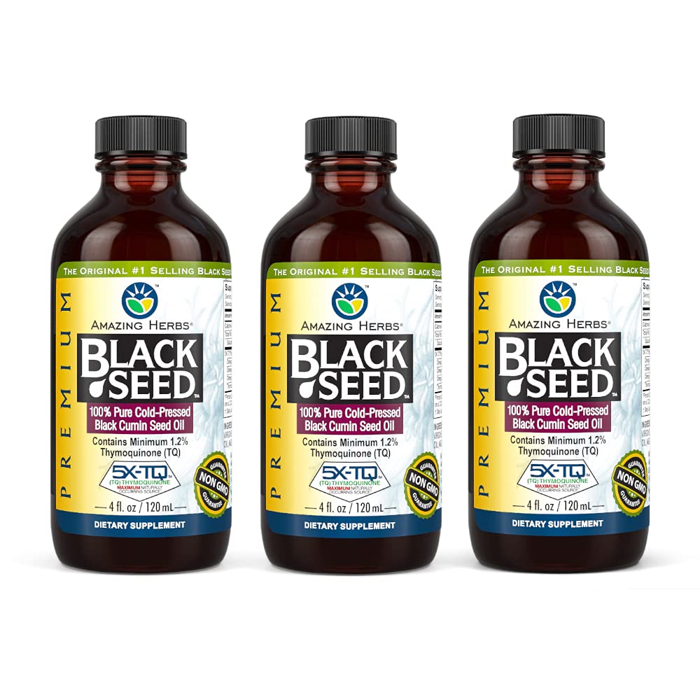 Niesamowite zioła Premium Black Seed Oil - Gluten Free, Nie GMO, Cold Pressed Nigella Sativa Aid in Digestive Health, Wsparcie immunologiczne, Funkcje mózgu - 4 Fl Oz (Pack of 3)