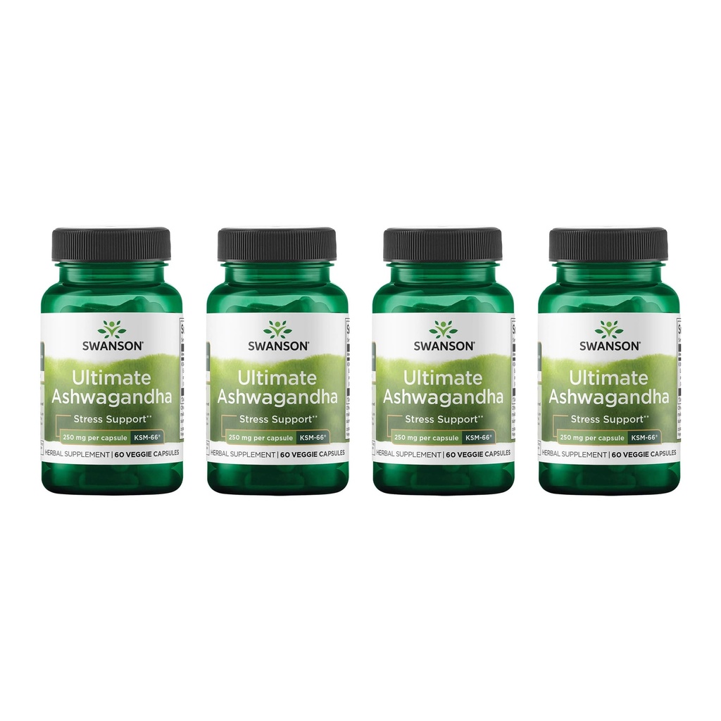 Swanson Ultimate Ashwagandha KSM- 66 - Herbal Supplement Supplement Supplement Supplement Healthy Stress Levels & Relaxation - Natural Formula to Promote a Calm & Relaxed Mindset - (60 Veggie Capsules, 250mg Each) (4 Pack)