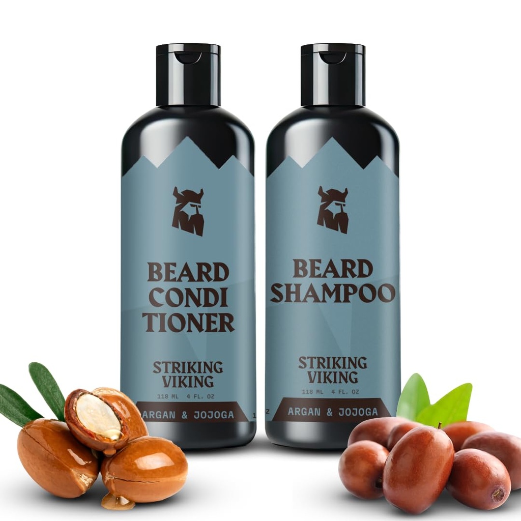 Uderzające Viking Beard Shampoo i Conditioner Set - 4 Fl Oz Each, Świeży męski Scent - Broda Wash and Conditioner for Men - Cleanses & Softens, z Argan & Jojoba Oil - Sulfat & Paraben Free
