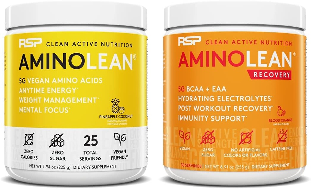 RSP NUTRITION Vegan AminoLean Pre Workout Energy (Ananas Coconut 25 Servings) z AminoLean Recovery Post Workout Boost (Blood Orange 30 Servings)