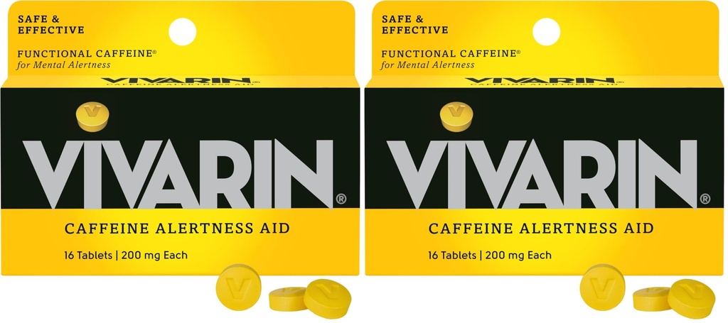 Vivarin, tabletki kofeinowe, 200 mg kofeiny na dawkę, Bezpiecznie i skutecznie pomaga Ci pozostać przed budzeniem, bez cukru, Calories lub ukryte składniki, suplement energii, 16 tabletek (Opakowanie 2)
