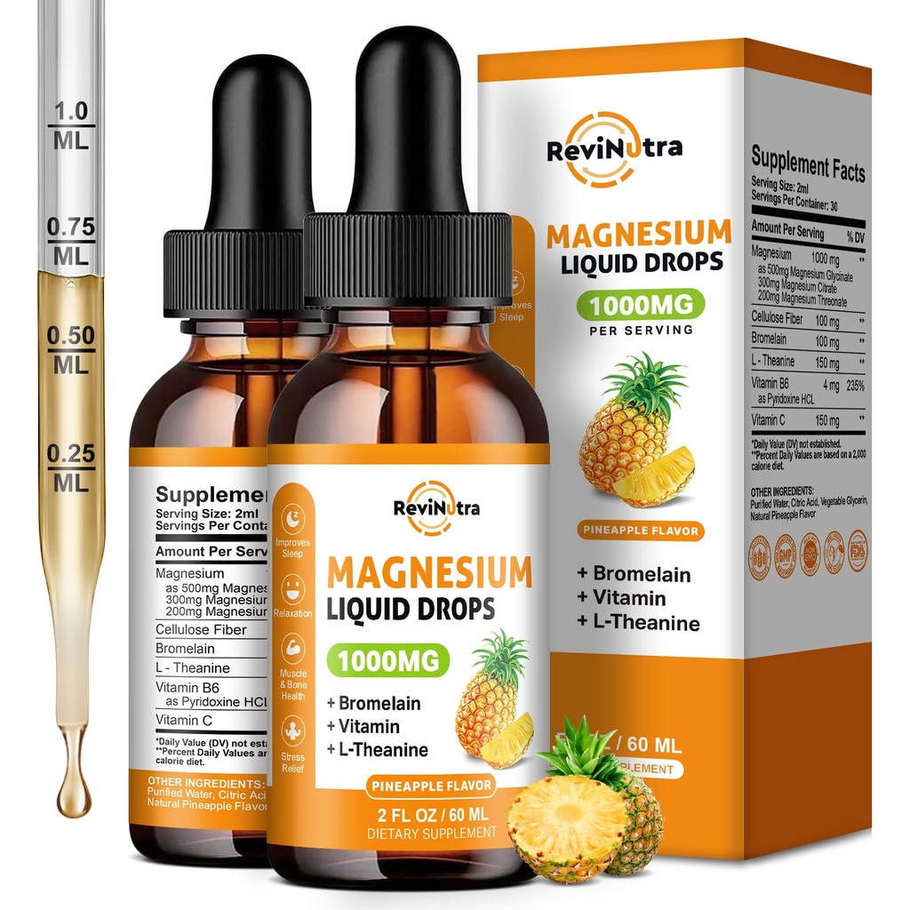 2 Opakowanie Magnezu Glicynian krople płynne, 1000mg płynne Magnezu złożone krople do snu, Nerwy, Energia, Mięśnie, Kości, Spokój i Spożywanie, Wysoka Absorpcja, 2 Fl Oz, Flavor ananasowy