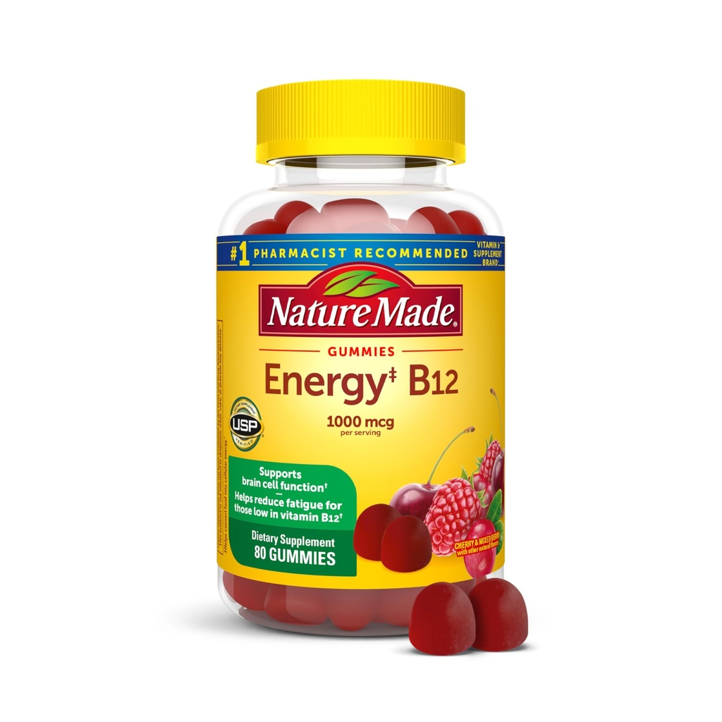 Nature Made Energy B12 1000 µg, Suplement diety do wsparcia metabolizmu energii, 80 Gummies, 40 Day Supply Opakowanie może być różne.