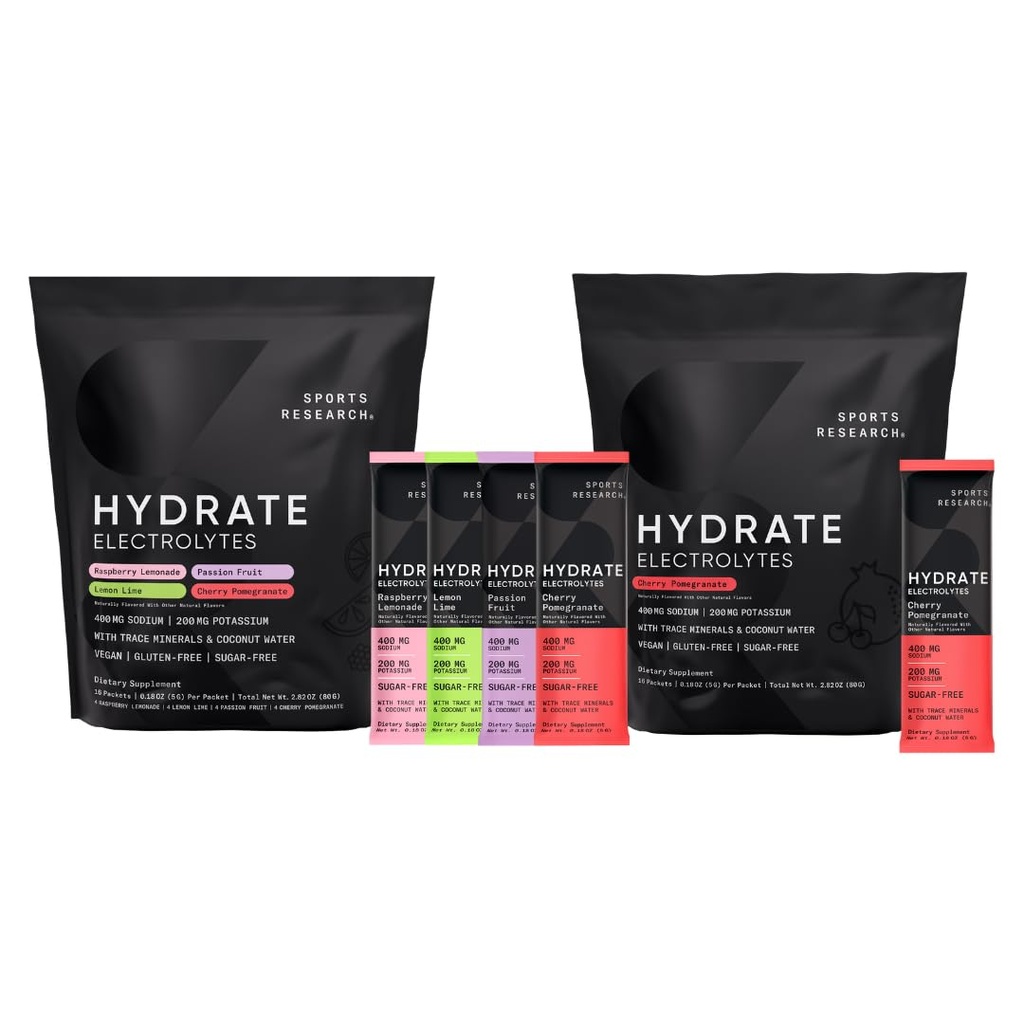 Zakłady sportowe Hydrate Electrolytes Combo Pack - Wolny od cukru i naturalnie pachnący witaminami, minerałami i wodą kokosową - Pomaga w nawadnianiu - 32 Pakiety - Cherry Pomegranate Dominant Flavor
