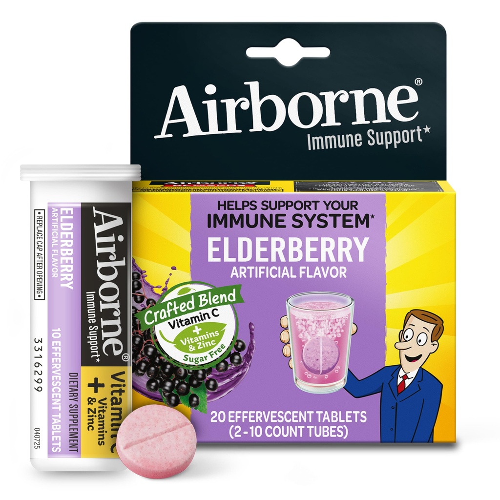 Ekstrakt z Elderberry + witamina C 1000mg (na porcję) - tabletki musujące (20 liter w pudełku), suplement immunologiczny bez glutenu, z witamin A C E, Cynk, Selen, Cukier wolny