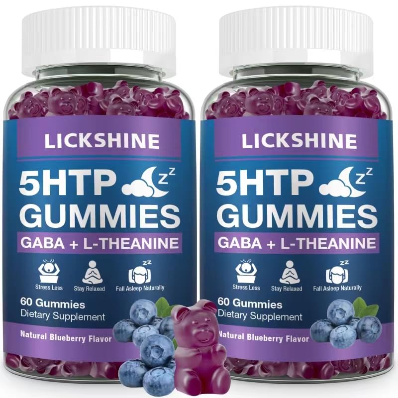 2 Pack 300MG 5- HTP GABA suplement usypiający z 200mg L- Theanine suplement dla mózgu, stabilizator nastrojów i wsparcie snu, Melatonin - wolny, Omega 3- 6- 9 dla naturalnych Zzzs, Blueberry Flavor