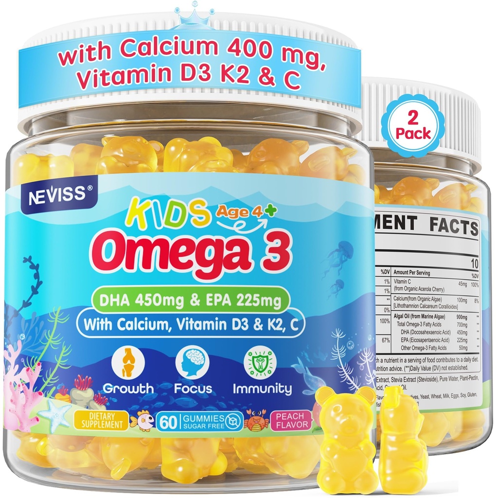 Dzieci Omega 3 Gummies + Wapń 400mg + Witamina D3 K2 + C, Omega-3 DHA & EPA Suplement - Nie Burps ryb, Nie Cukru - Dzieci & Nastolatki Ombregga 3 + Gummy wielowymiarowe na silne kości, Mózg, Immune, Oko, 2Pack