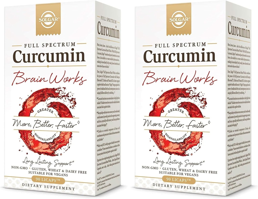 Solgar Full Spectrum Curcumin Brain Works, 90 Licaps - Wspomaganie Pamięci Recall, Focus, Funkcja poznawcza - Wsparcie przeciwutleniające - Curcumin, BacoMind, Cholina, Witamina B12 - Non-GMO, Wegan - (Opakowanie 2)