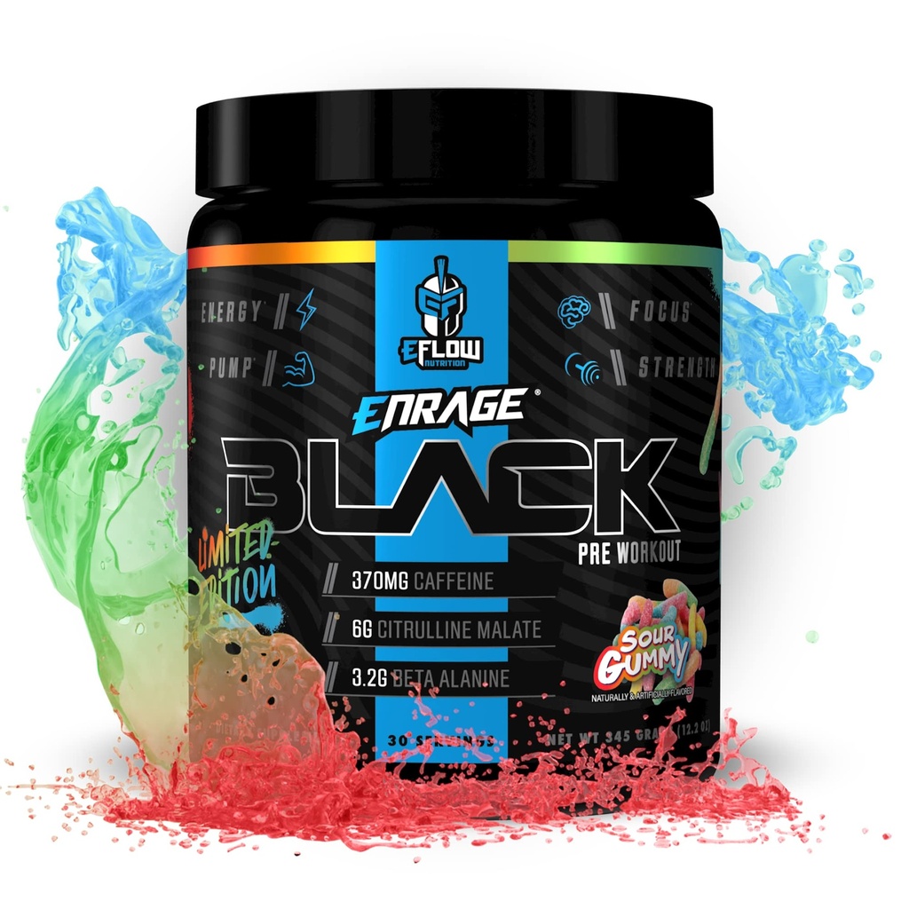 EFlow Nutrition Enrage Black High Stimulant Prevent Workout Supplement - Pretensive Powder to Boost Energy, Pompy i Siła - 4 Flavors (30 Servings) (Sour Gummy)