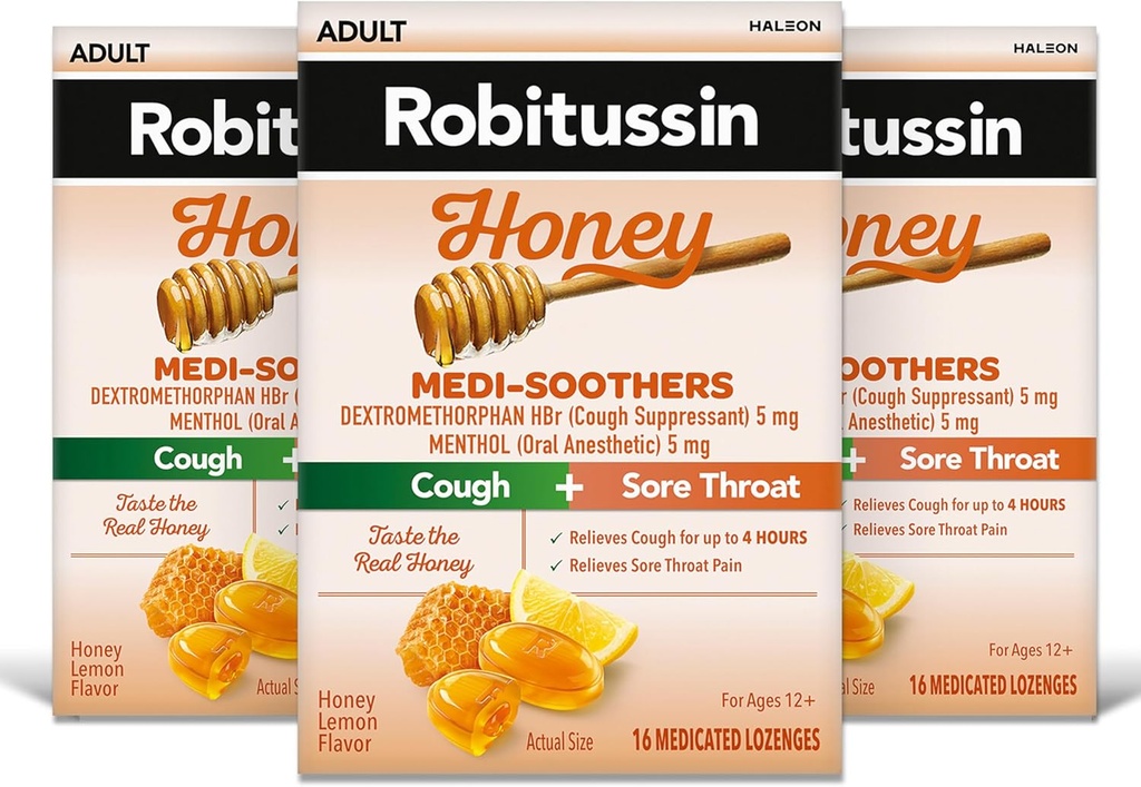 Robitussin Medi- Soothers Honey Lemon Throat Lozenges, Long-Lasting Cough + Sore Throat Pack)