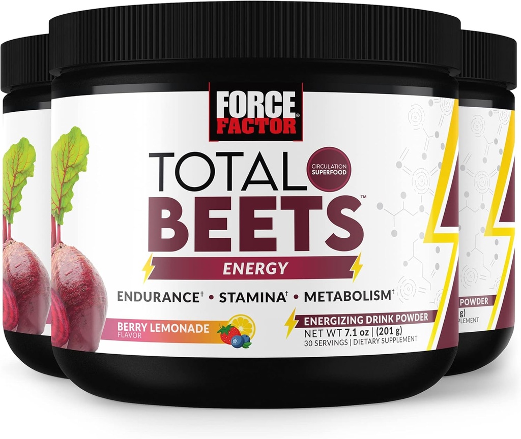 FAKTOR FORCE Total Beets Energy Drink Mix 3- Pack, Superfood Buet Root Powder, Nitrates to Boost Energy, Obwody pomocnicze, Przepływ krwi, Tlenek azotu i Stamina, Suplement do zdrowia serca, 90 Służenie