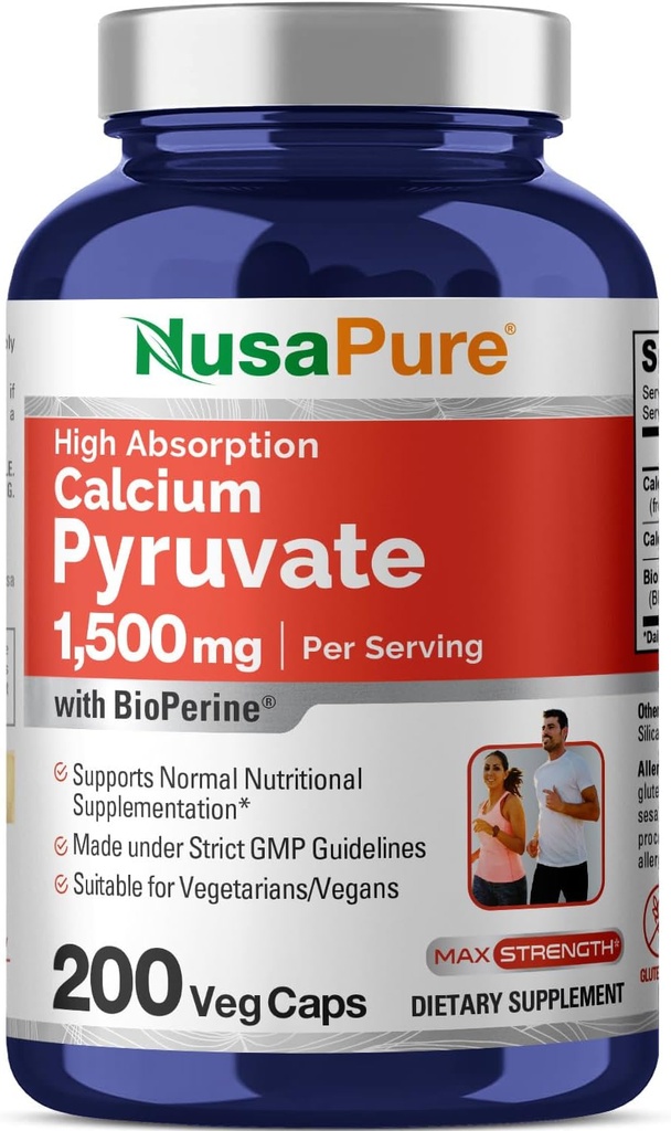NusaPure Calcium Pyruvate 1500mg 200 Czapki wegetariańskie (Non-GMO, Vegan) - 750mg na wieczko