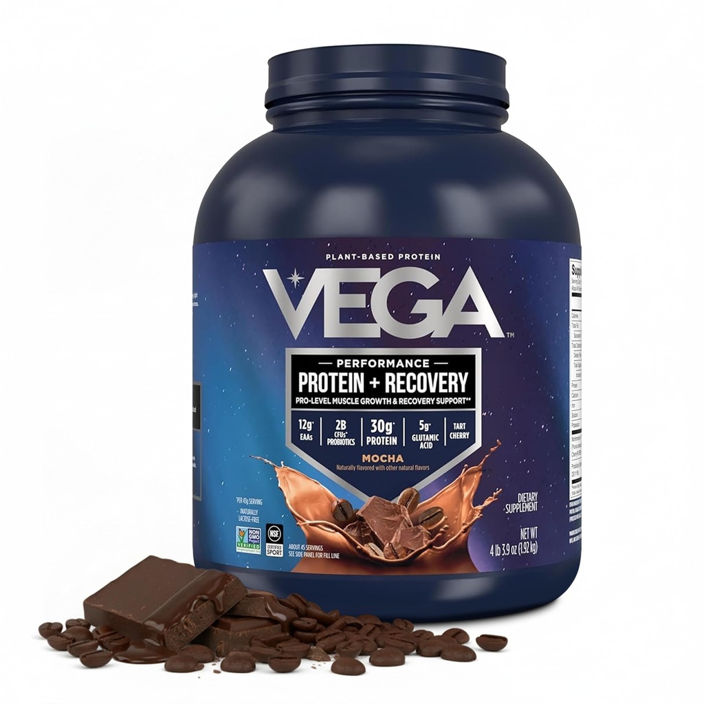 Vega Sport Vegan Protein Powder + Odzysk - 30 g Białko roślinne na Serving, Mocha, 45 Służenia, 5g BCAA, Probiotyki, NSF Certified, dla Shakes & Smoothies, 4.2lbs (Packaging May Vary)