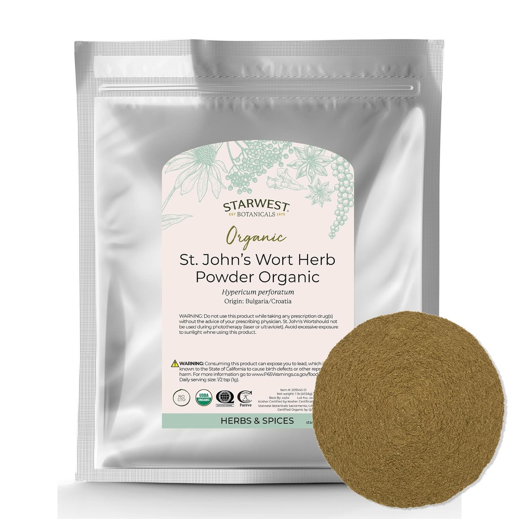 Starwest Botanicals Organic St. John 's Wort Powder - Suszone zioła na herbatę, Wykonane z kwiatu dziurawca St. John' s, Wspiera relaks, Certified Kosher, Non-GMO - Bulk 1 lb Bag