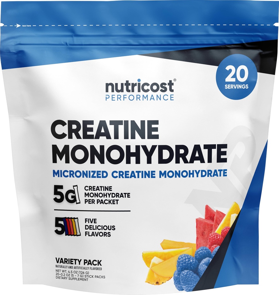 Nutricost Kreatyna Monowodzian proszek Odmiana Stickpack (5 Flavors, 20 Servings) - Mikronizowane, 5 Gramy Kreatyny Monowodzian na opakowanie