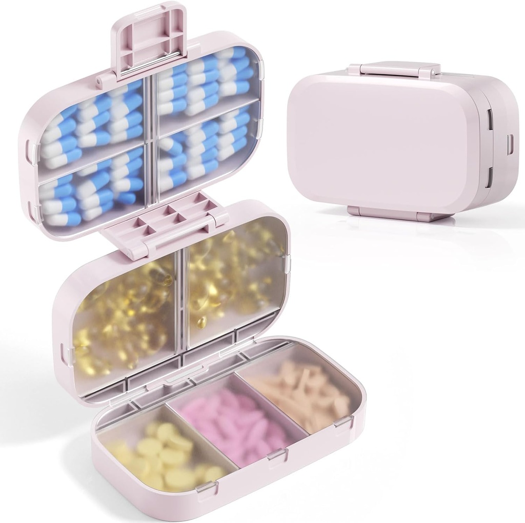 MEACOLIA Triple- Składany Pill Organizator, 9 Komory Travel Pill Case o dużej pojemności, Codzienne Pill Box Mały pojemnik na pill witaminy, Olej z wątroby dorsza, Suplementy (Beige)
