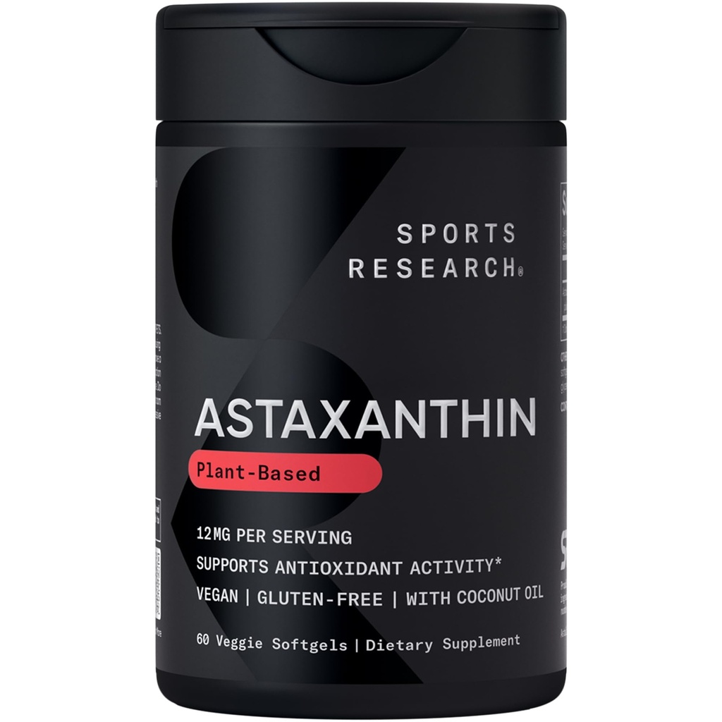 Sport Badania Potrójne Siła Vegan Astaksantyna Suplement z Algae - Rośliny Softgels dla aktywności przeciwutleniającej, Skóra & Eye Health - Nie- GMO Zweryfikowane, Made with Coconut Oil - 12mg, 60 Count