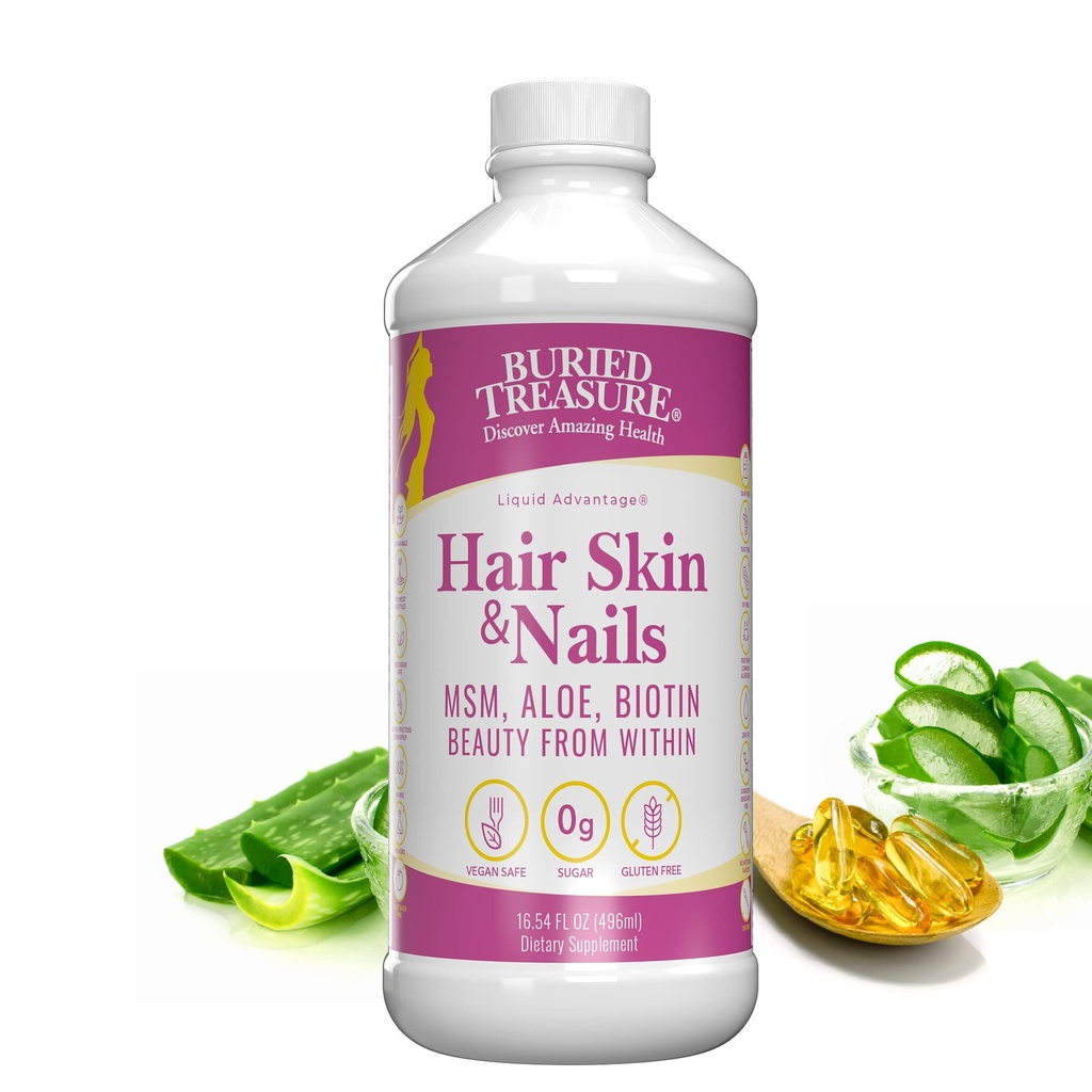Pochowany skarb Włosy, Skóra i paznokcie z MSM Biotin Aloe Vera plus Witaminy i Minerały w wysokiej mocy płynny cały kompleks żywności dla Fuller Hair, Silniejsze paznokcie i Clearer Skin 16 oz