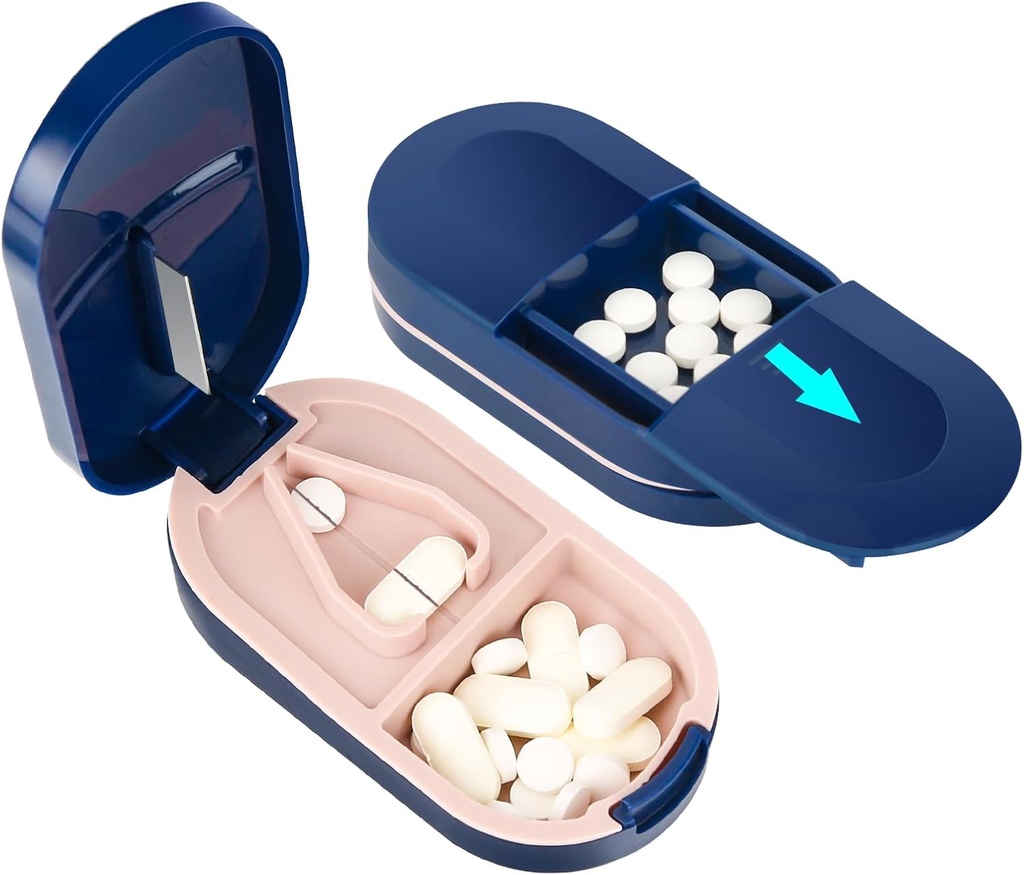 LEAFTION Pill Cutter, Przenośny Pill Splitter 2-in-1 Pill Case ze stali nierdzewnej Ostrze, dla małych lub dużych tabletek Vitamin, Cut Pills z Mini Pill Organizer Encomble - Blue