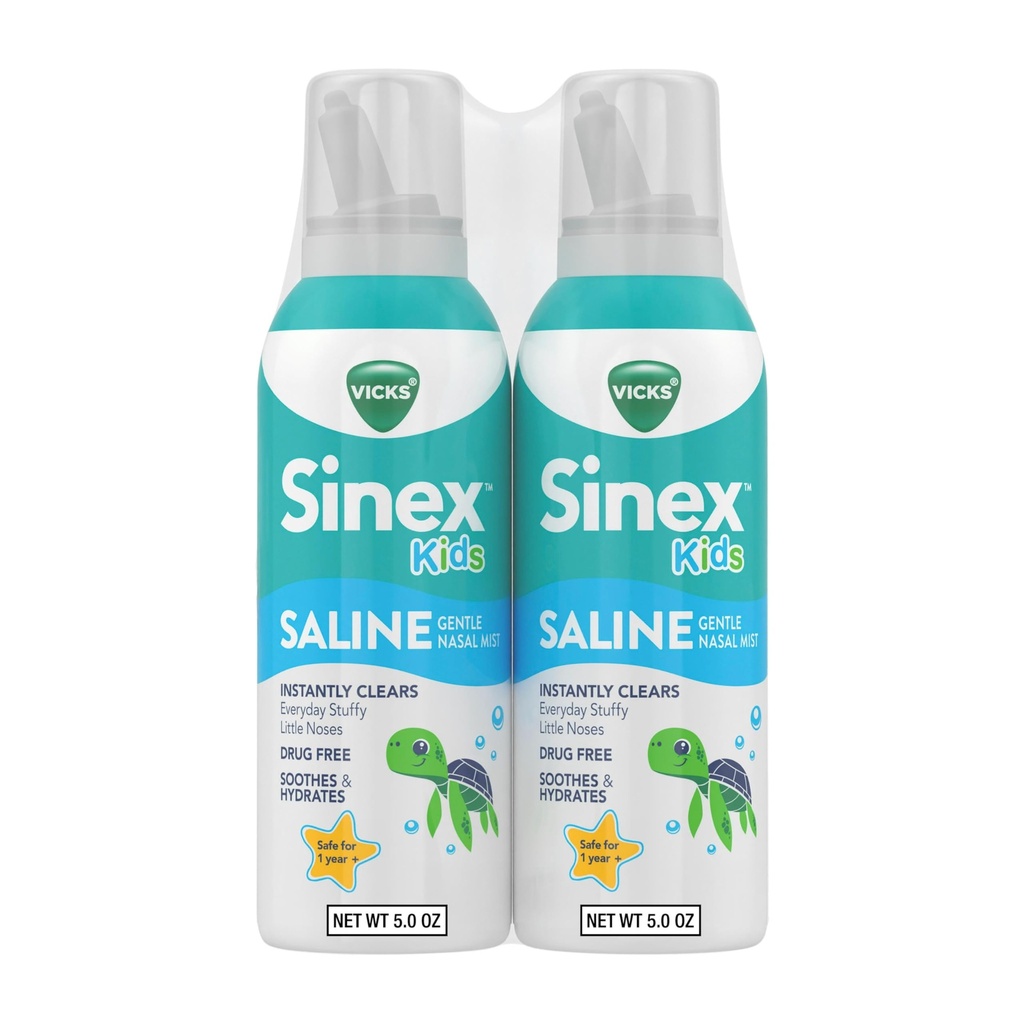 Ofiary Sinex, Nasal spray solny dla dzieci, narkotyk wolny Ultra Fine Mist z Podpowiedź Aloe, Wieki 1 +, Fast Everyday Stuffy Nose Relief for Kids, Clear Mucus of a Cold or Allergy, 5 OZ x 2