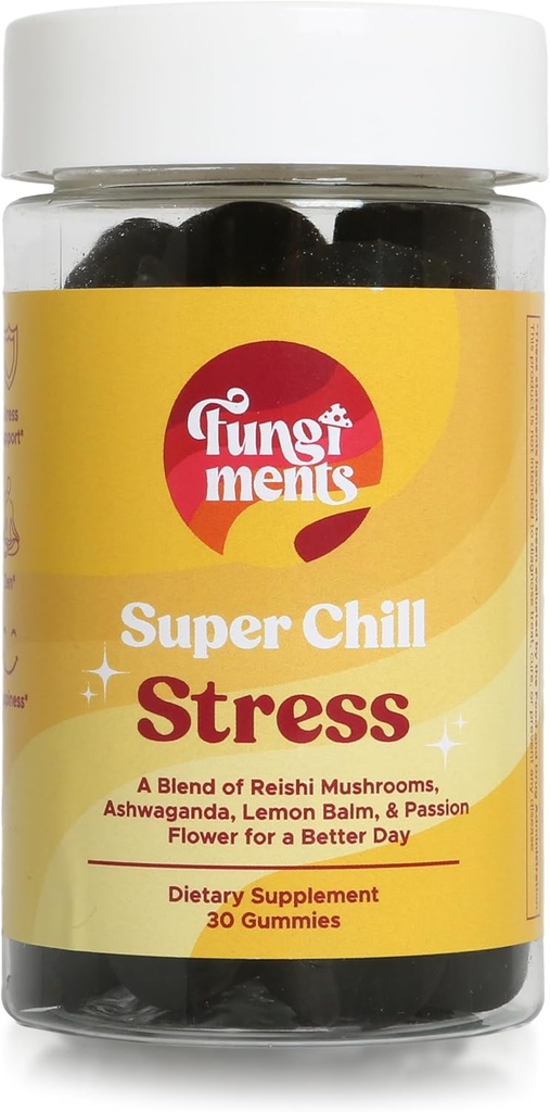 Fungiments Super Chill - Suplement do grzybów - Reishi Mushroom, Ashwagandha, Cortizol, L- Theanine, Kwiat Pasji - Mniej stresu i lepszy sen (30 Gummies grzyb)