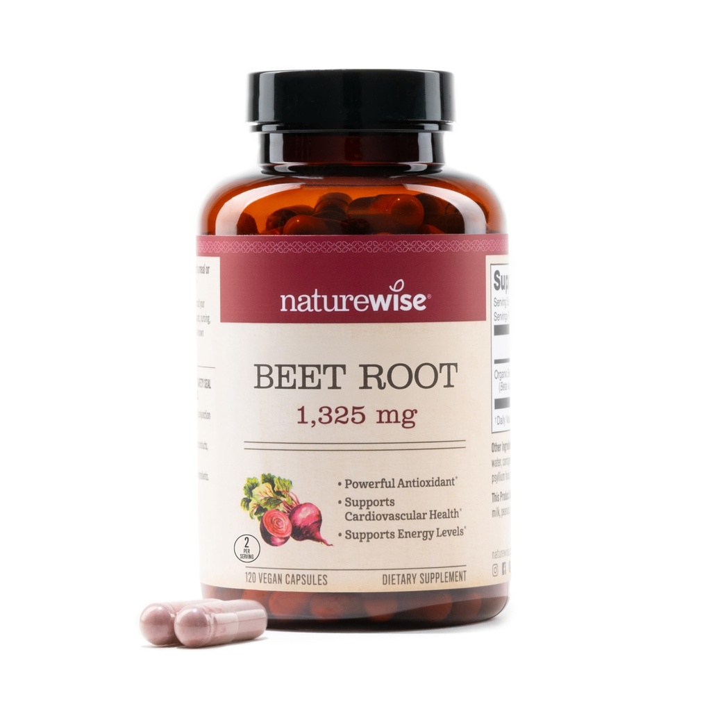 NatureWise Beet Korzeń kapsułki 1325mg z organicznym buraka buraczanego - Azoksyd azotu do cyrkulacji i wsparcia zdrowia serca - Wegan, Gluten- Free, Non-GMO - 120 Kapsułki [60 Day Supply]