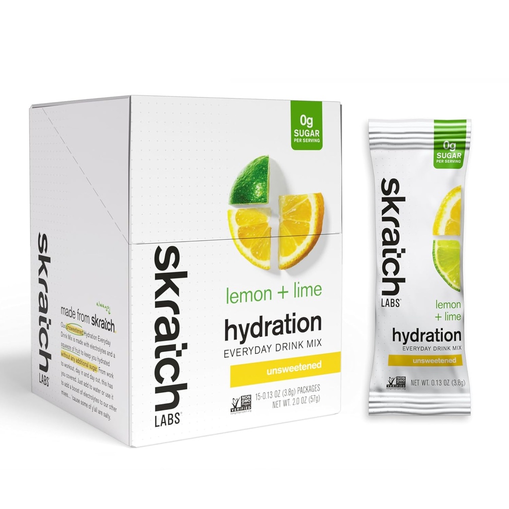 Skratch Labs Unsweetened Electrolyte Puder Pakiety - Codziennie Hydration - Sport Drink Mix - Bez cukru - Electrolytes Booster - Lemon + Lime - 15 Służenia - Keto, Paleo, Vegan, Non-GMO