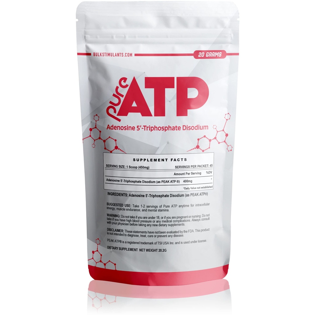 BulkStimulants Pure ATP Trifosforan adenozyny Proszek - Zwiększenie energii, Wytrzymałość, Siła, Odzysk & Pompa mięśniowa, Szybszy niż Creaine HMB & Tlenek azotu, Naturalne uzupełnienie wstępnego treningu - 20 Grams