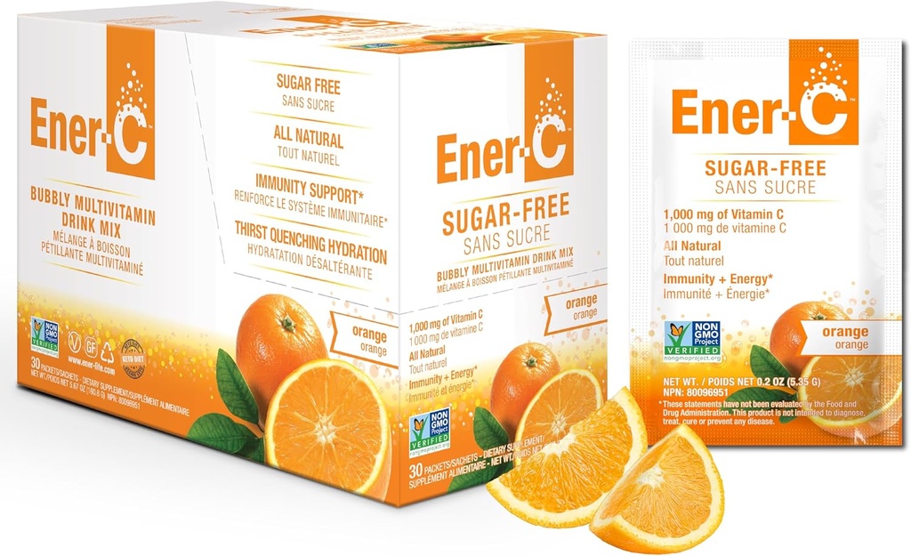 Ener- C Sugar Free Energy Orange Multivitamin Drink Mix Witamina C 1000mg & Elektrolity - Naturalne wsparcie odporności z prawdziwych owoców Sok proszki Non-GMO Wegan & Gluten Free - 30 Count