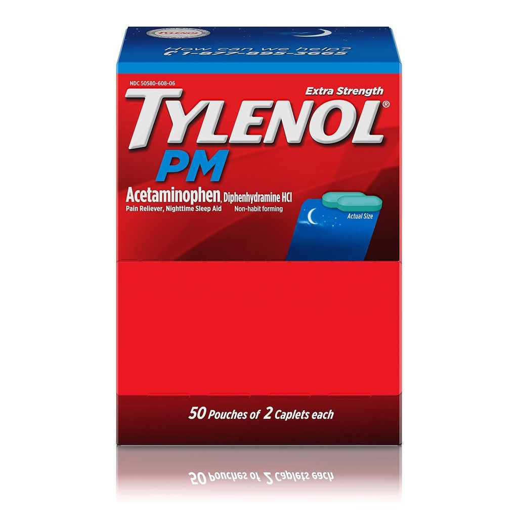 Tylenol PM Dodatkowa wytrzymałość, 50 Pouches po 2 Kapletki, Pudełko z rozpuszczalnikiem (Opakowanie po 2)