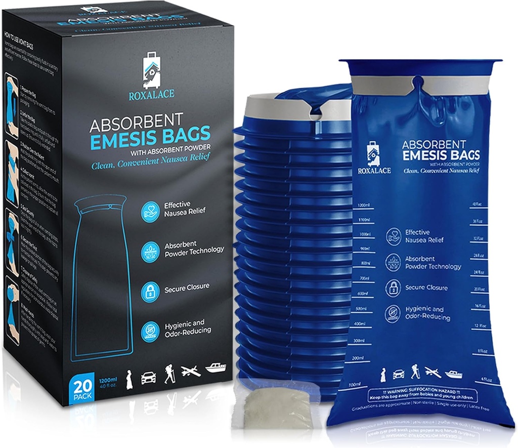 ROXALACE® Emesis Bags with Absorbent Powder for Nausea and Vomiting Relief - 20 Pack 1200ml, Travel-Friendly, Hygienic Solution for Motion Sickness, Morning Sickness, Caregiving, and Emergencies