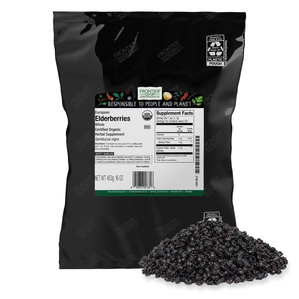 Frontier Co- op Organic Suszone Elderberry, 1lb Torba luzem, Europejski cały 124; Koszerna i nieGMO Organiczne Jagody Elderberry Suszone, do herbaty, Wsparcie immunologiczne