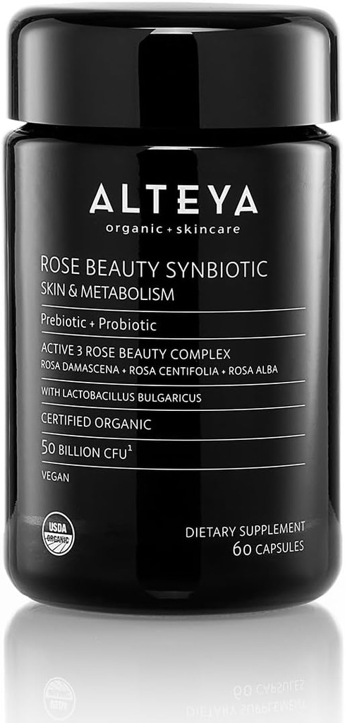 Alteya Organic Beauty Prebiotyki + Probiotyki i ekstrakty róż, Piękno skóry z wewnątrz suplementu, 50 Miliard CFU & Lactobacillus Bulgaricus dla twarzy i metabolizmu - 60 Kapsułki