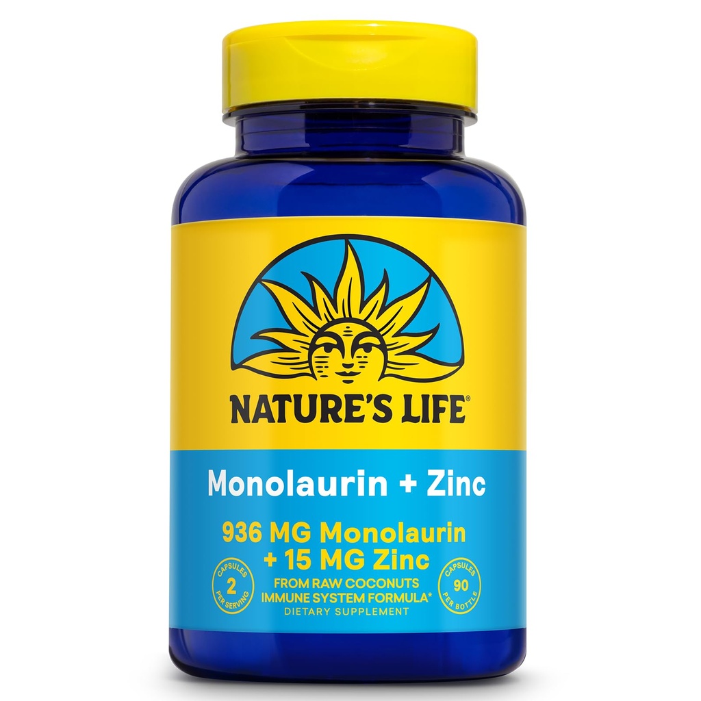 Natural 's Life Monolaurin Plus Cynk Immune Supplement Supplement - 936mg Monolaurin from Raw Coconuts, Cynk 15 mg, Supports Gut Health, Balanced Gut Flora, 60- Day Guarantee, 45 Serv, 90 Kapsułki wegetariańskie